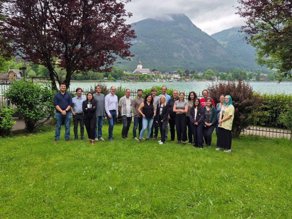 19 persons from the EXDIGIT team are standing on a meadow in front of a lake and mountains.