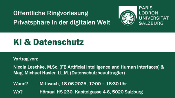 Das Bild zeigt einen Flyer, der für die öffentliche Ringvorlesung an der Universität Salzburg wirbt, in dem ein Vortrag von Nicola Leschke, M.Sc. und Mag. Michael Hasler, LL.M. angekündigt wird.