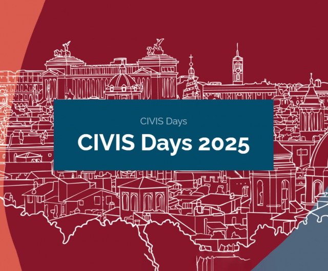 Es ist ein Logobild der CIVIS Days 2025, im Hintergrund ist Rom stilisiert.